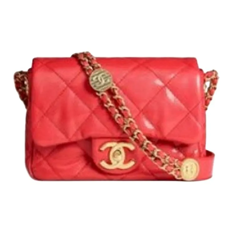CHANEL 22A Early Autumn Grain Cow Leather Shoulder Bag, Crossbody Bag Women's Red-0