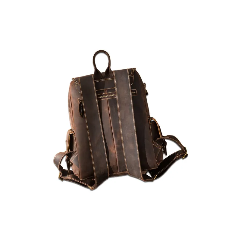 Back Step Top Grain Cow Leather Double Shoulder Computer Travel Backpack Unisex Dark Brown-1