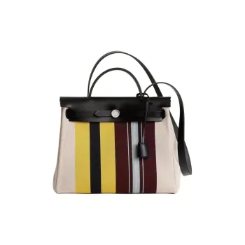 HERMES Herbag Zip H Plume Canvas With Hunter Calfskin Tote Bag, Shopping Bag, Handbag Women's Black & Multicolor