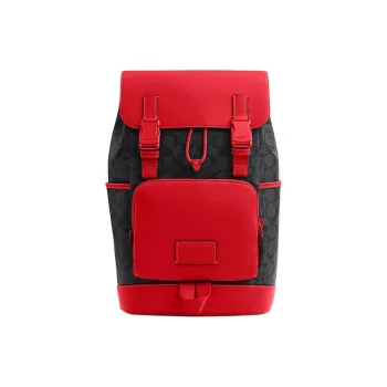 COACH Track Cow Leather With Artificial Leather Backpack Large Size Men's Charcoal Gray With Bright Yumei Pink Accents