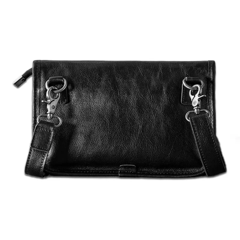 Back Step Top Grain Vegetable Tanned Cow Leather One Shoulder Crossbody Cell Phone Clutch Small Size Unisex Black-2
