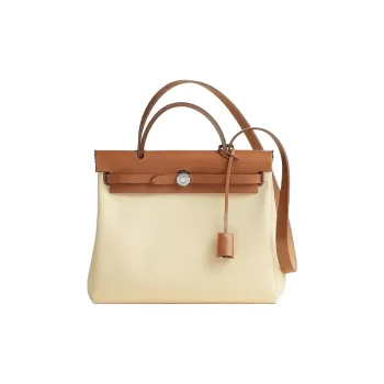 HERMES Herbag Zip Canvas With Hunter Cow Leather Handbag Shoulder Bag Crossbody Bag Women's Light Yellow Brown