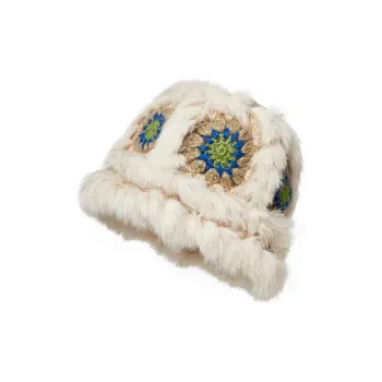 Narandu Rabbit Hair Beanies Women's Khaki With Blue Print/Green Floral