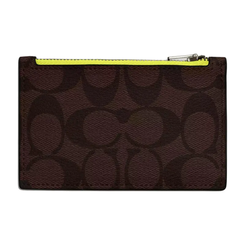 COACH Card Case Canvas With Calfskin Wallets Card Holders Men's Mahogany Bright Yellow-0