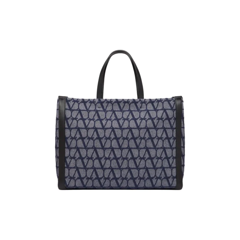 Valentino Jacquard Fabric Tote Bag Shopping Bag Handbag Medium Size Men's Denim Patchwork Black-0