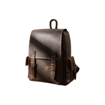 Back Step Top Grain Cow Leather Double-Shoulder Computer Travel Backpack Unisex Dark Brown