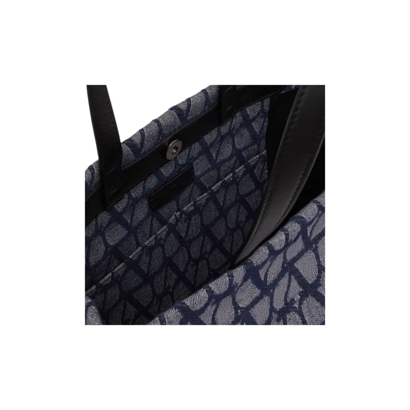 Valentino Jacquard Fabric Tote Bag Shopping Bag Handbag Medium Size Men's Denim Patchwork Black-6