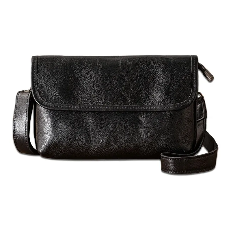 Back Step Top Grain Vegetable Tanned Cow Leather One Shoulder Crossbody Cell Phone Clutch Small Size Unisex Black-1