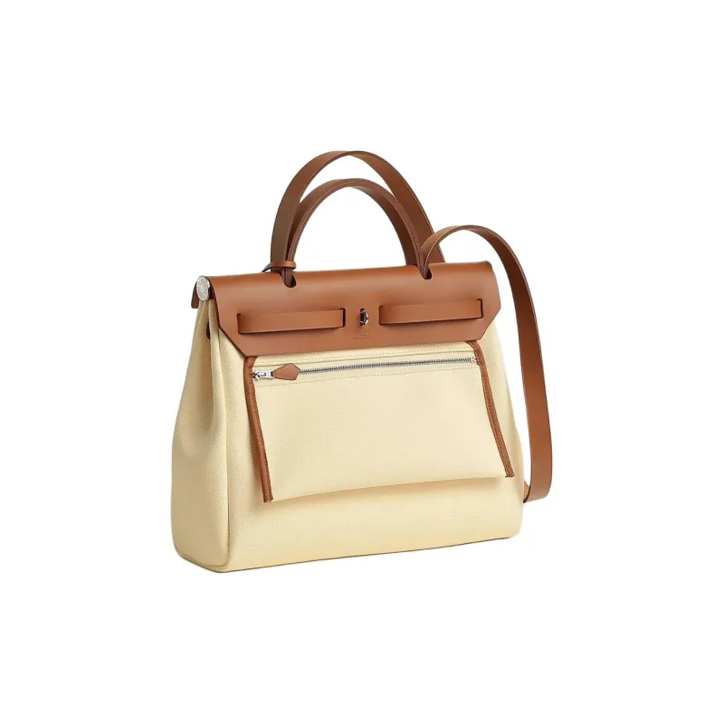 HERMES Herbag Zip Canvas With Hunter Cow Leather Handbag Shoulder Bag Crossbody Bag Women's Light Yellow Brown-2