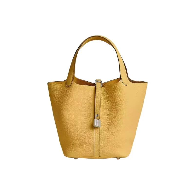 HERMES Picotin Lock Clemence Bullock Leather Basket Bag, Bucket Bag, Handbag Women's Sun Yellow-0