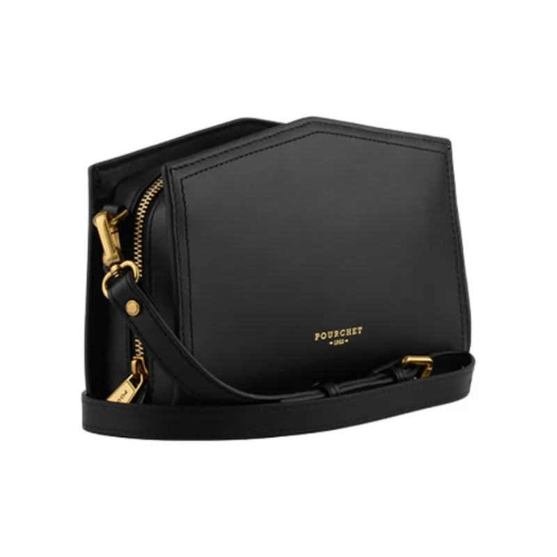 POURCHET Top Grain Cow Leather Shoulder Bag Crossbody Bag Medium Size Women's Black/Sand Yellow-1