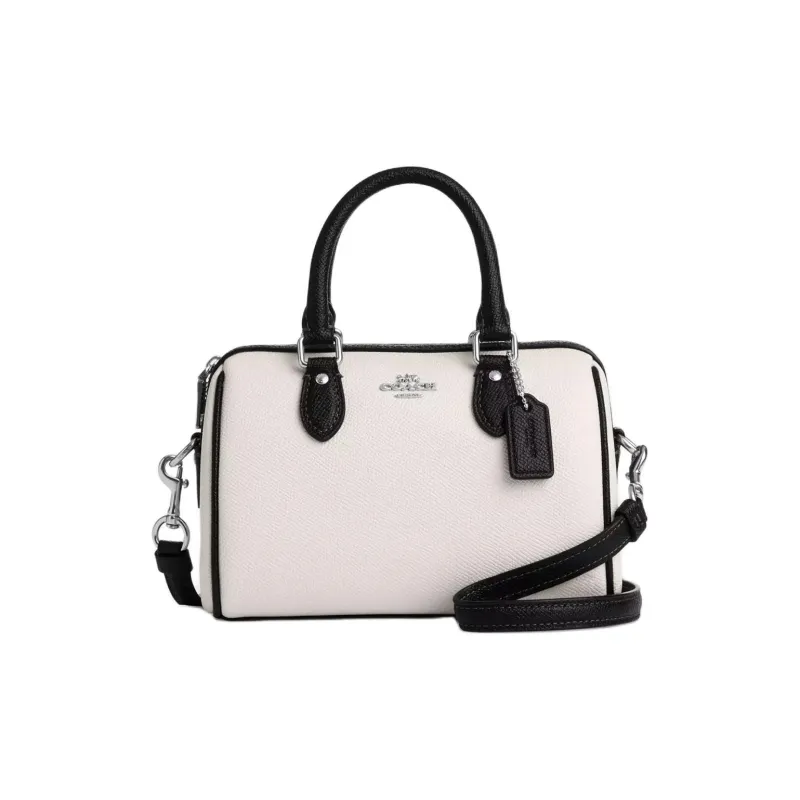 COACH Cross-Stitch Leather Boston Bag Handbag Shoulder Bag Crossbody Bag Mini Women's Chalk White With Black-0