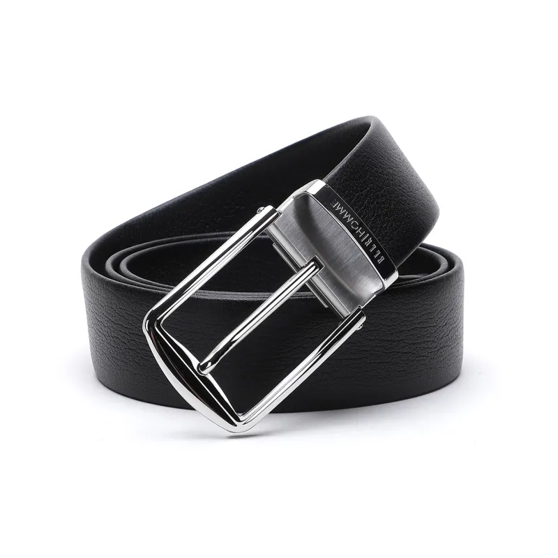 ELLE HOMME Pin Buckle Belt Casual Fashion Cow Leather, Steel Buckle Belt Men's Black Width 3.7cm-0