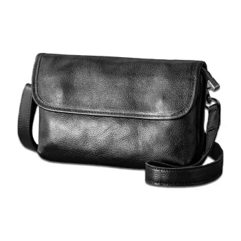 Back Step Top Grain Vegetable Tanned Cow Leather One Shoulder Crossbody Cell Phone Clutch Small Size Unisex Black
