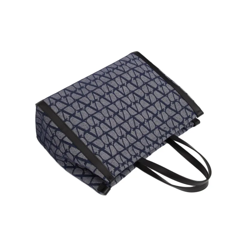 Valentino Jacquard Fabric Tote Bag Shopping Bag Handbag Medium Size Men's Denim Patchwork Black-4