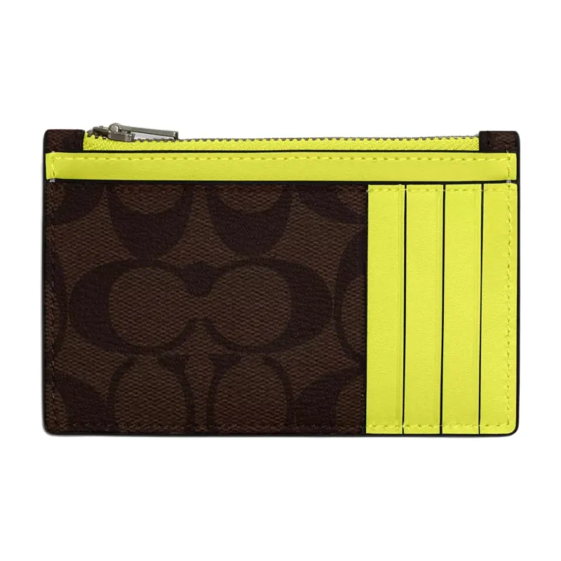 COACH Card Case Canvas With Calfskin Wallets Card Holders Men's Mahogany Bright Yellow-1