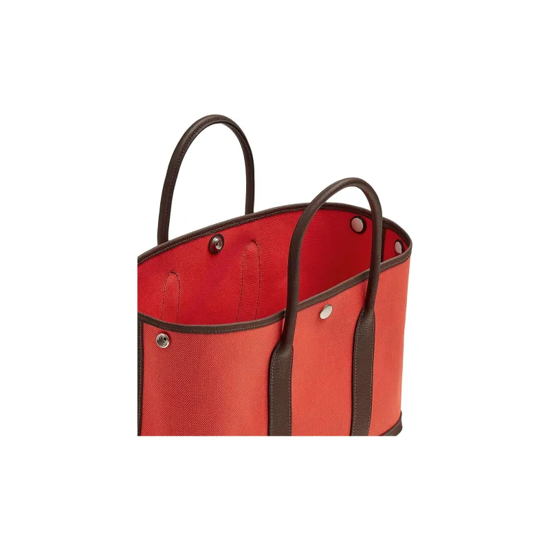 HERMES Garden Military Canvas With Negonda Calfskin Handbag Women's Orange Red-2