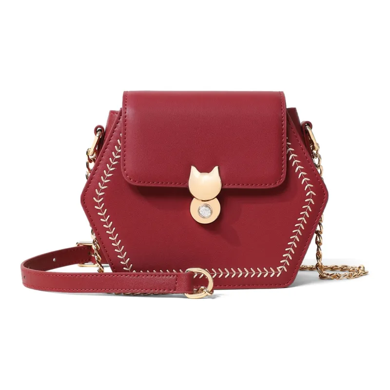 COMELY Cow Leather Patchwork Synthetic Leather Shoulder Bag Crossbody Bag Chain Pack Small Size Women's Agate Red-1