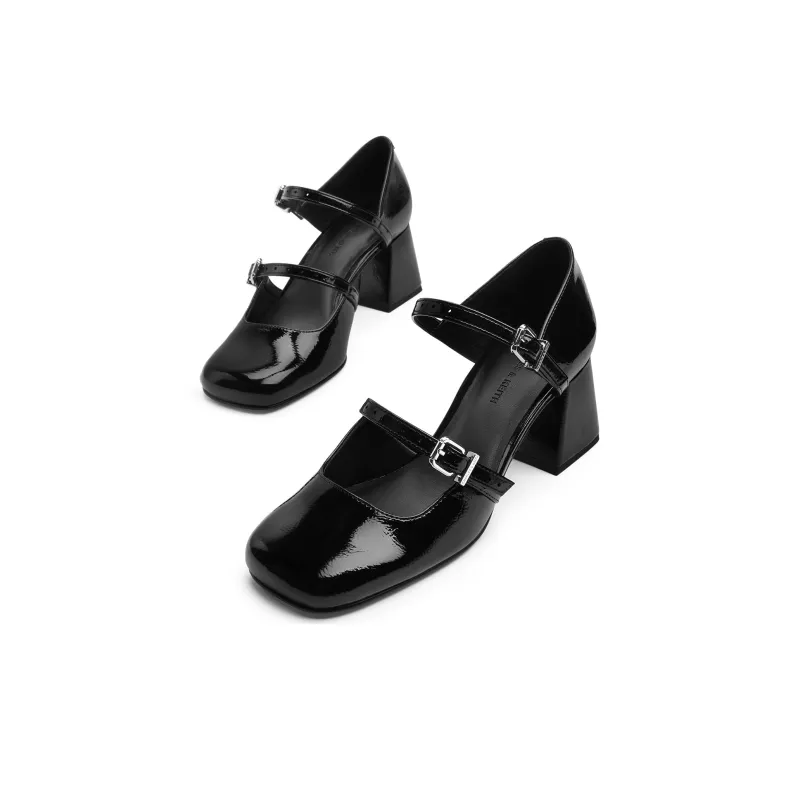 CHARLES&KEITH Small CK Mary Jane Shoes 6cm Women's Black Patent Black/Beige-2