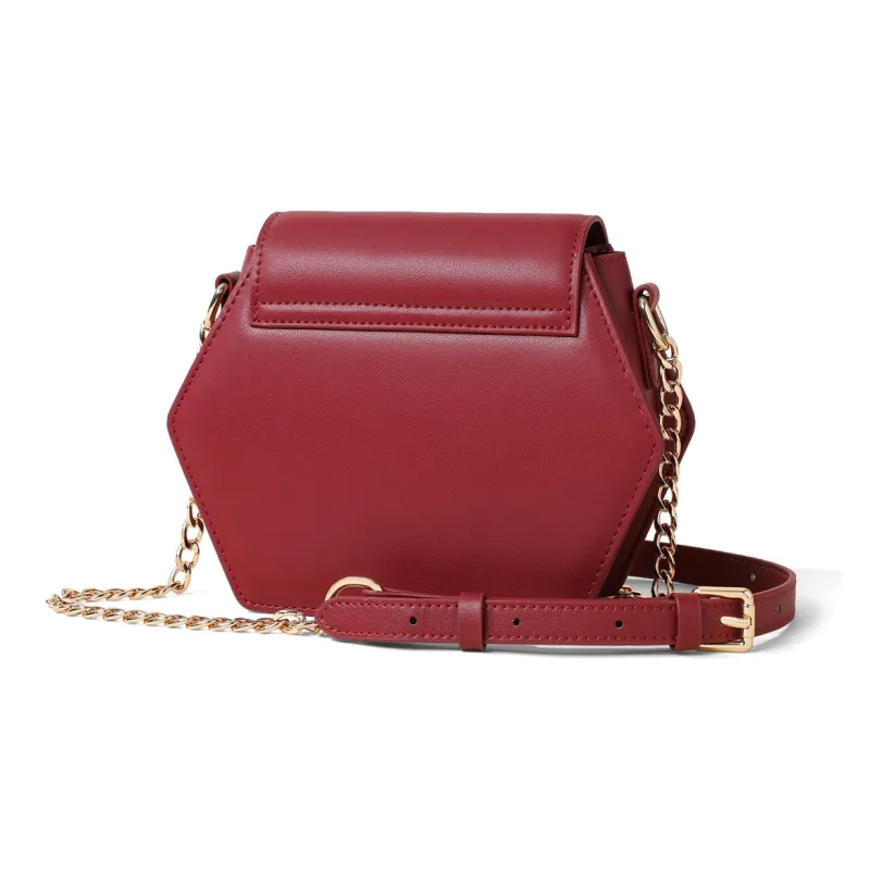 COMELY Cow Leather Patchwork Synthetic Leather Shoulder Bag Crossbody Bag Chain Pack Small Size Women's Agate Red-3