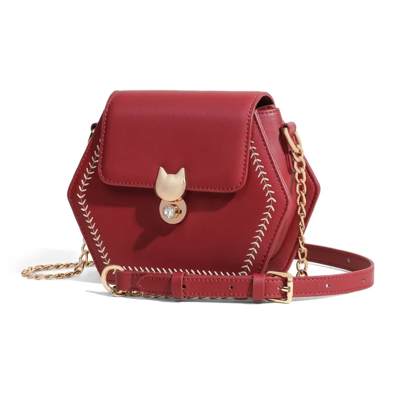COMELY Cow Leather Patchwork Synthetic Leather Shoulder Bag Crossbody Bag Chain Pack Small Size Women's Agate Red-2