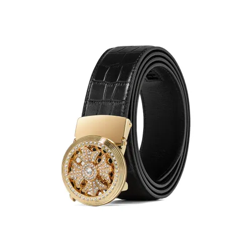 BISON DENIM Elegant Crocodile Pattern Automatic Buckle Top Grain Cow Leather Leather Belts Men's Gold/Silver 3.5CM