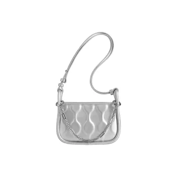 TOUTOU PU Shoulder Bag Medium Size Women's Pearl Chain In Silver And White With Rosewood Beads