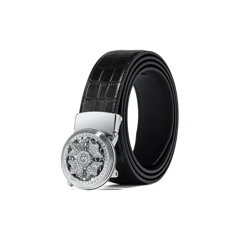 BISON DENIM Elegant Crocodile Pattern Automatic Buckle Top Grain Cow Leather Leather Belts Men's Gold/Silver 3.5CM-5