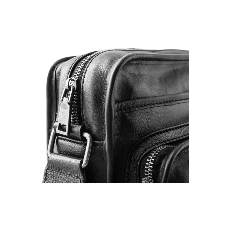 Back Step Top Grain Vegetable Tanned Cow Leather Shoulder Bag Crossbody Messenger Bag Regular Unisex Black-3