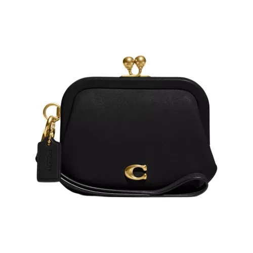 COACH Kisslock Leather Coin Purse Small Size Women's Black
