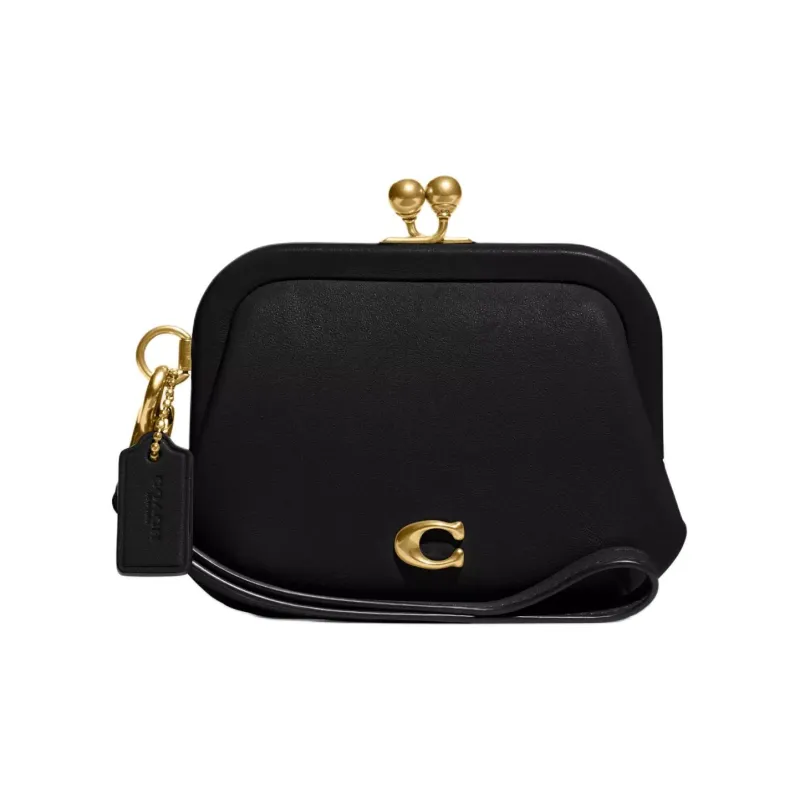 COACH Kisslock Leather Coin Purse Small Size Women's Black-0