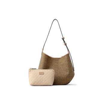 FION Coated Canvas With Textile Fabric Combo Bag, Tote Bag, Shopping Bag, Shoulder Bag Women's Dark Coffee Brown