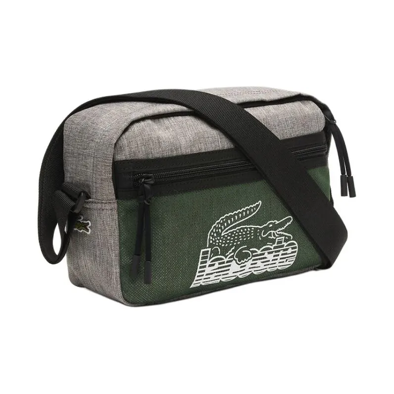 LACOSTE Recycled Polyester Shoulder Bag, Crossbody Bag Men's Gray & China Green-1