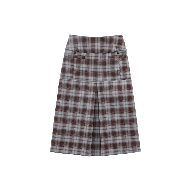 FPMZ Casual Long Skirts Women's Blue Brown Plaid Skirt-1