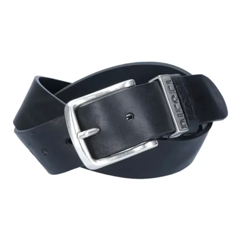 DIESEL Square Metal Pin Buckle Leather Belts Unisex Black Width 3.9cm-0