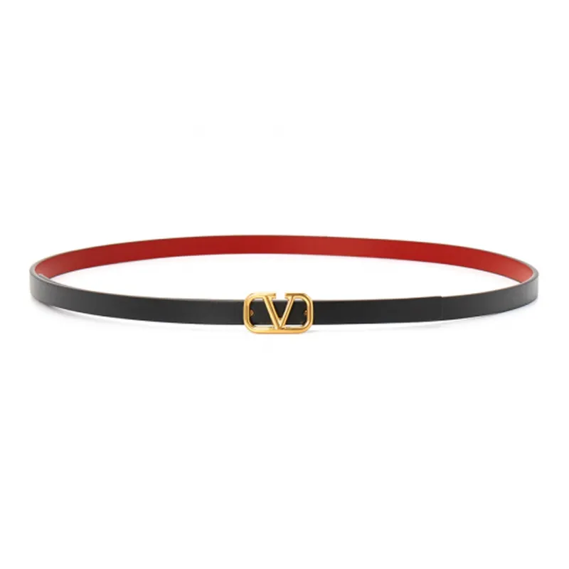 Valentino V Letter Label Smooth Buckle Leather Belts Women's Red Black-1