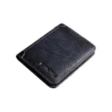 Blue Gray-Vertical Trifold (inside and outside Top Grain Cow Leather) Anti-Skimming