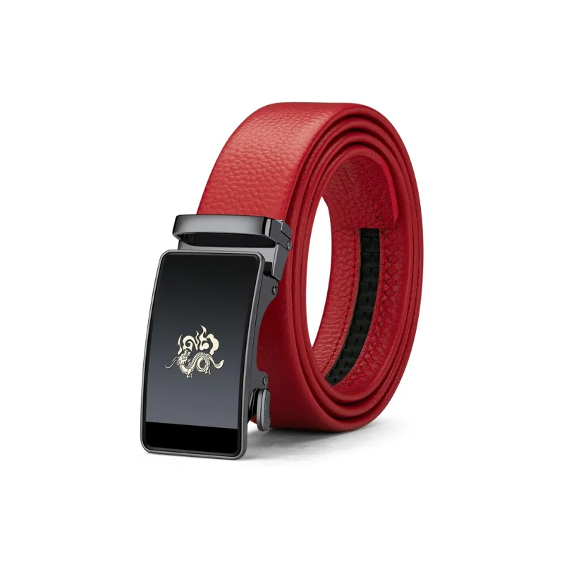 WilliamPOLO Top Grain Cow Leather Leather Belts Men's The Buckle Is All Red Belt Width 3.5cm-0