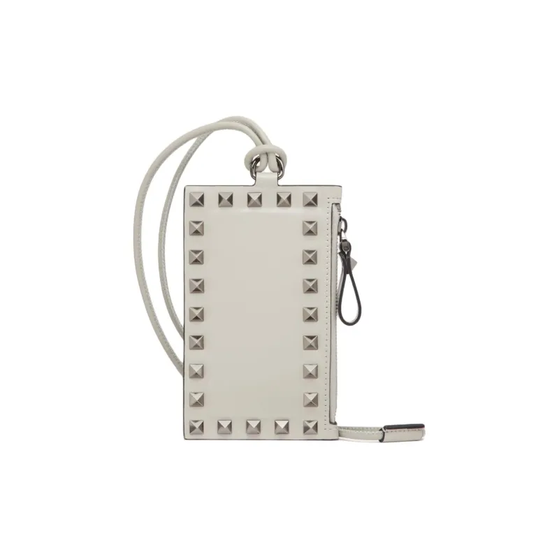Valentino Rockstud Calfskin Card Holder Wallet Small Size Men's Gray-0