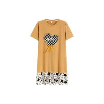 The Story Of The Flower Season Women's Summer Thin Mid-Length Heart Print Loose Fit Nightgown Loungewear Ginger Yellow