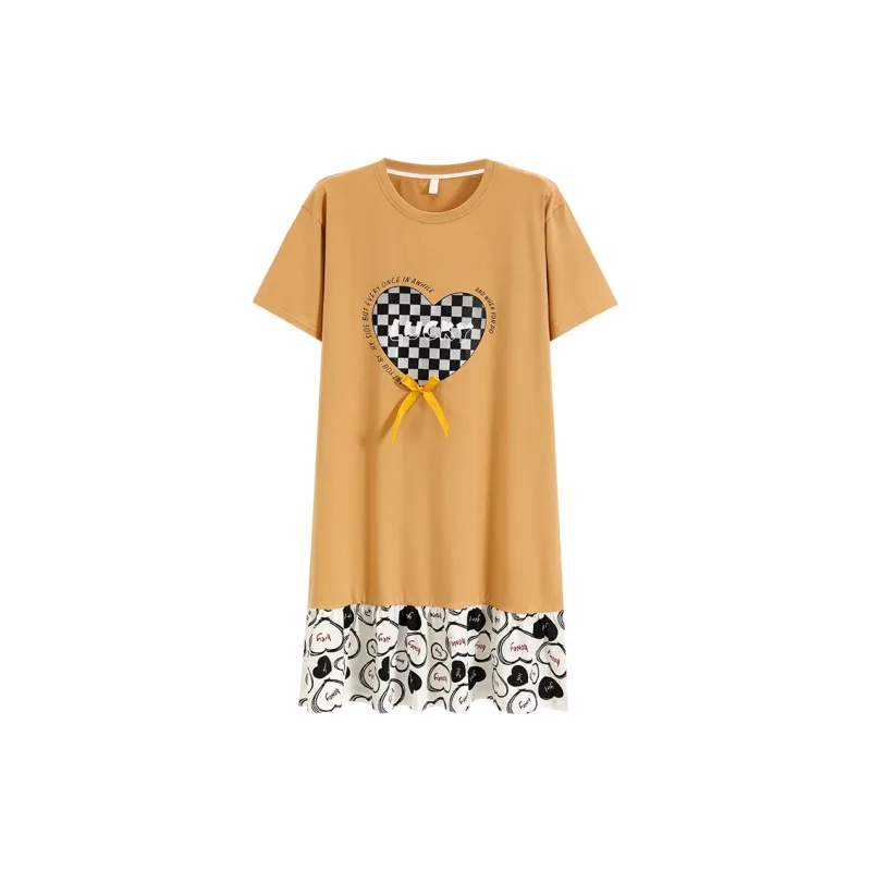 The Story Of The Flower Season Women's Summer Thin Mid Length Heart Print Loose Fit Nightgown Loungewear Ginger Yellow-0