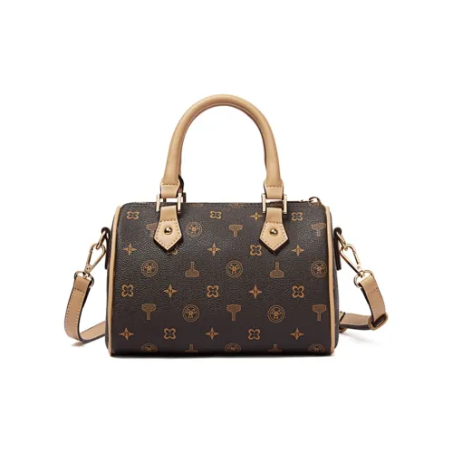 TUCANO PU & PVC Boston Bag, Shoulder Bag, Crossbody Bag, Handbag Medium Size Women's Coffee/Ecru