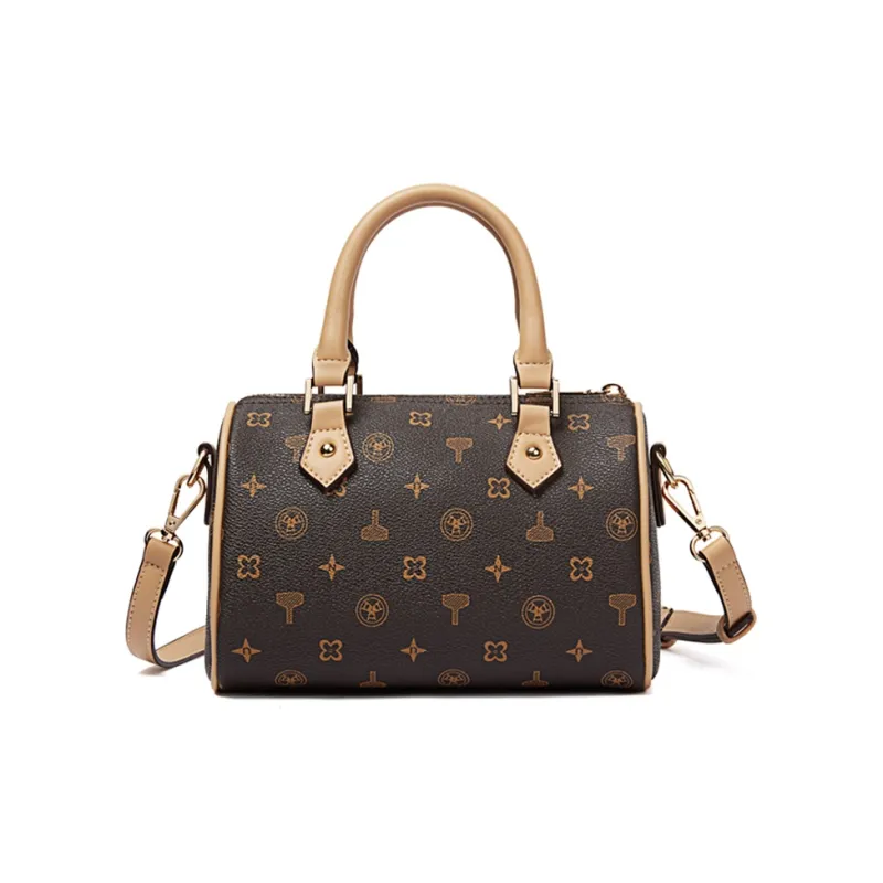 TUCANO PU & PVC Boston Bag, Shoulder Bag, Crossbody Bag, Handbag Medium Size Women's Coffee/Ecru-0