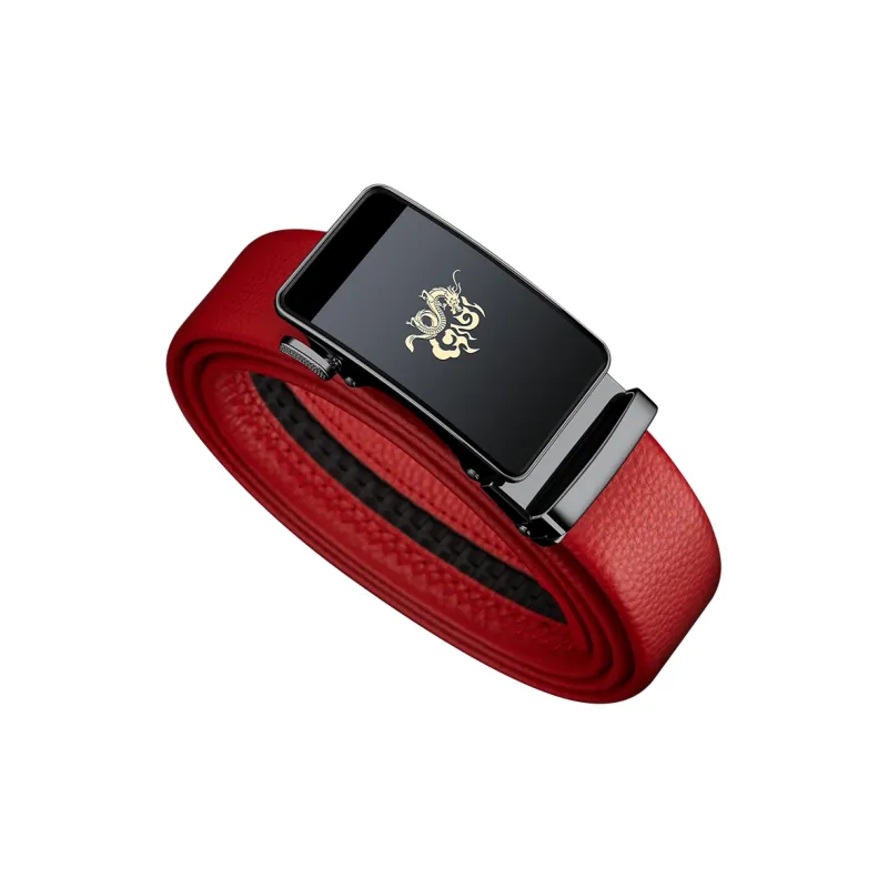 WilliamPOLO Top Grain Cow Leather Leather Belts Men's The Buckle Is All Red Belt Width 3.5cm-1