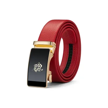 WilliamPOLO Top Grain Cow Leather Leather Belts Men's Gold-Tone Lock Red Strap 3.5cm Width