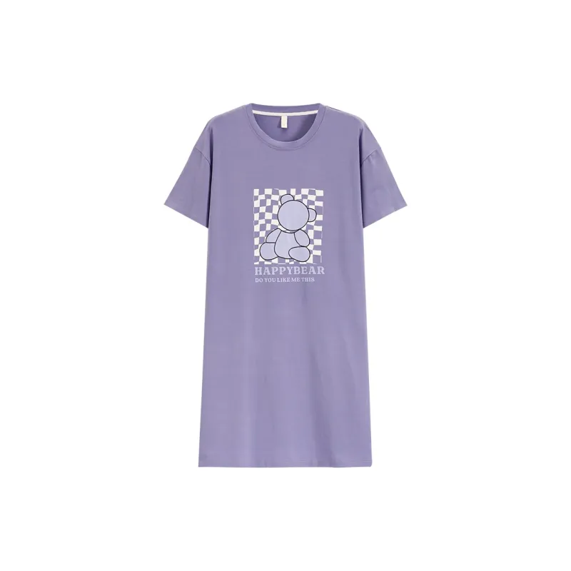 The Story Of The Flower Season Women's Summer Short Sleeved Thin Loose Fit Crew Neck Nightgown Loungewear Light Purple-0