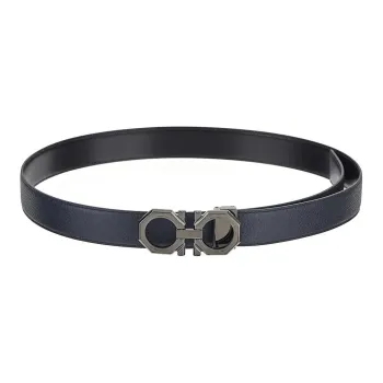FERRAGAMO Solid Color Decoration Smooth Buckle Leather Belts Men's Black+Blue