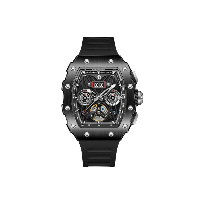 REEF TIGER Aurora Automatic Mechanical Movement Silicone Strap Watch Men's Watches Black Dial-5