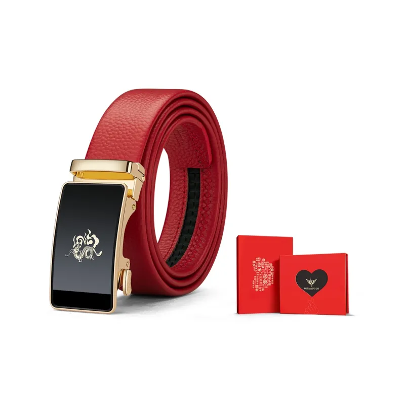 WilliamPOLO Top Grain Cow Leather Leather Belts Men's Gold Tone Lock Red Strap 3.5cm Width-3