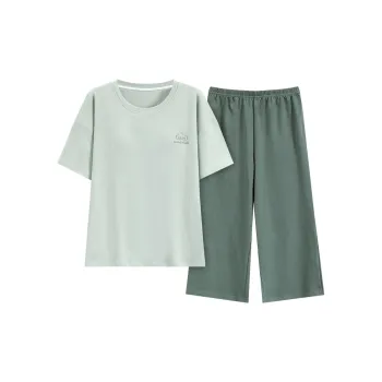 Mulong Family Summer Short-Sleeved Women's 100% Cotton Pajama With Pad Thin Anti-Bump Bra Set Summer Loungewear Jasper